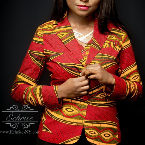 NWT Geometric African Print Blazer - B5302 Red/Black/Yellow Pea Pods - Picture 1 of 3